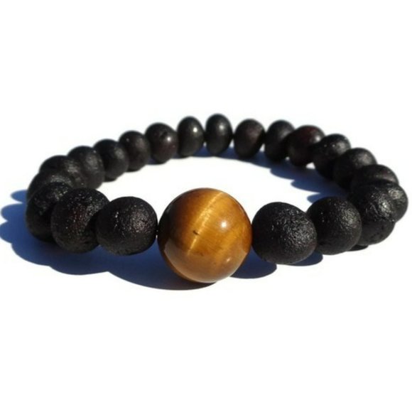 Amber Bracelet w Tigers Eye Bead, Unisex Bracelet, Baltic Amber Bracelet 23 cm - Picture 1 of 9
